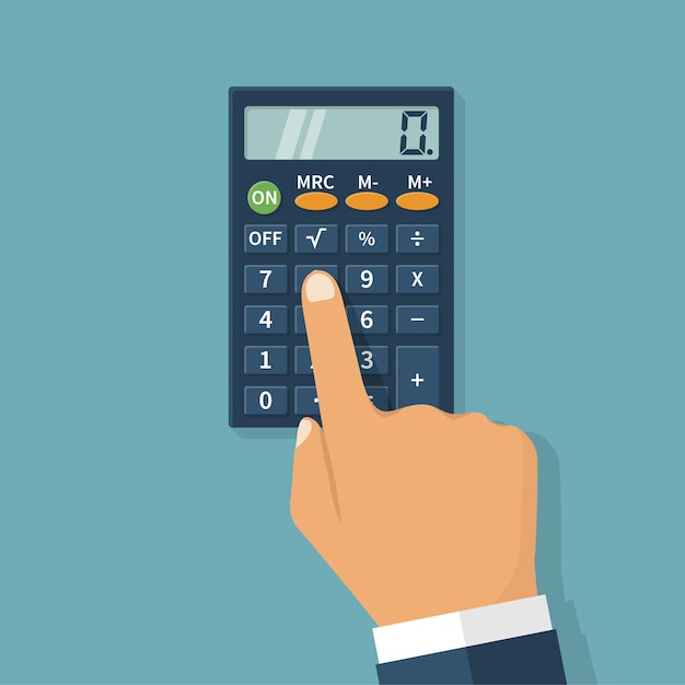 Icono del concepto de cálculo Mano con una calculadora Contador de empresario Diseño plano Ilustración vectorial Aislado en el fondo