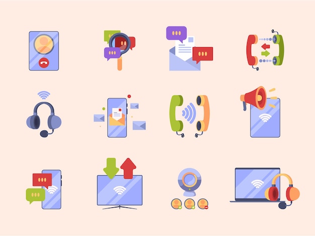 Icono del concepto de comunicación. Imágenes de anuncios para el diseño de aplicaciones, conversación en línea, diálogo de Internet, banca electrónica, comercios, símbolos vectoriales aislados. Ilustración de teléfono inteligente de internet, comunicación móvil de chat