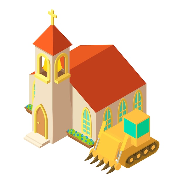 Icono del concepto de construcción vector isométrico Gran excavadora cerca del icono del edificio de la iglesia Trabajo de tierra en el sitio de construcción
