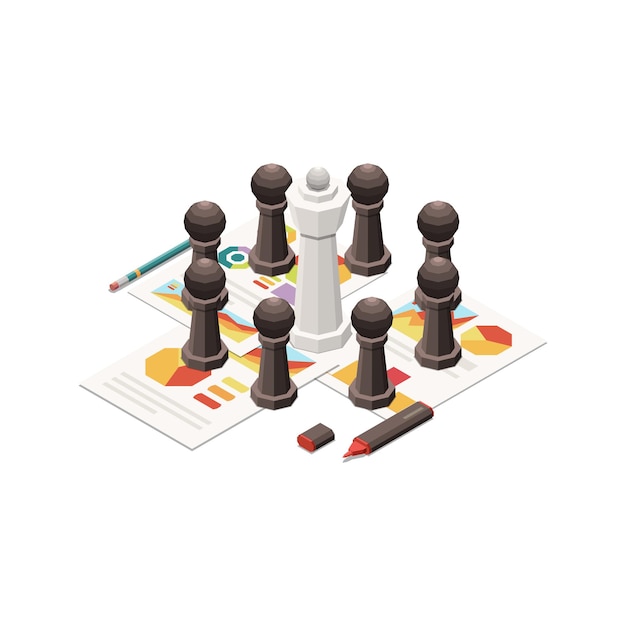 Icono de concepto de estrategia de marketing con piezas de ajedrez y papeles con gráficos isométricos