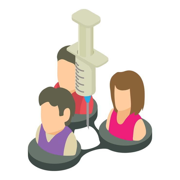 Vector icono del concepto de vacunación vector isométrico varias personas y jeringa desechable concepto de prevención de inmunización