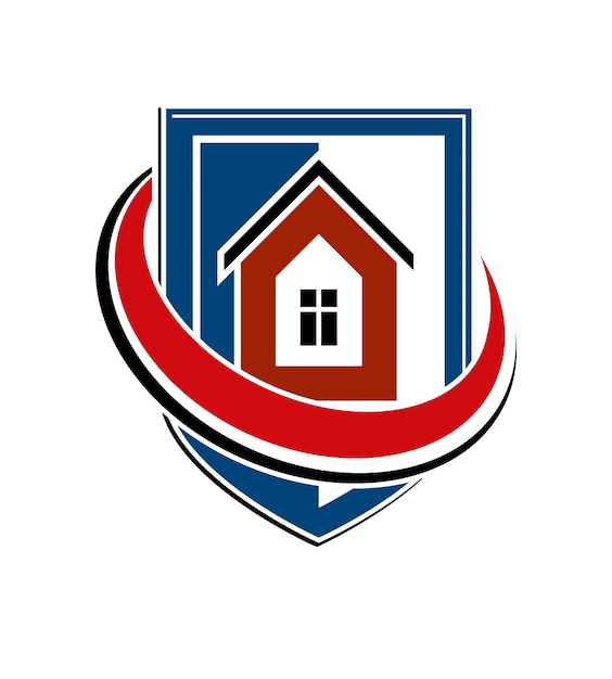 Icono conceptual de seguro de hogar, escudo de protección con casa simple vectorial. Elemento de diseño, idea de construcción. Heráldica.