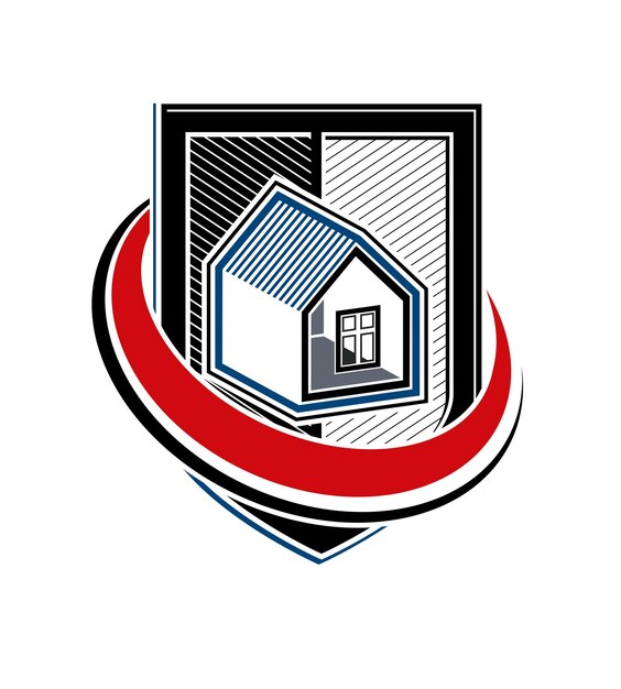 Icono conceptual de vector de seguro de hogar, escudo de protección con una casa simple. Elemento de diseño, idea de construcción. Heráldica.