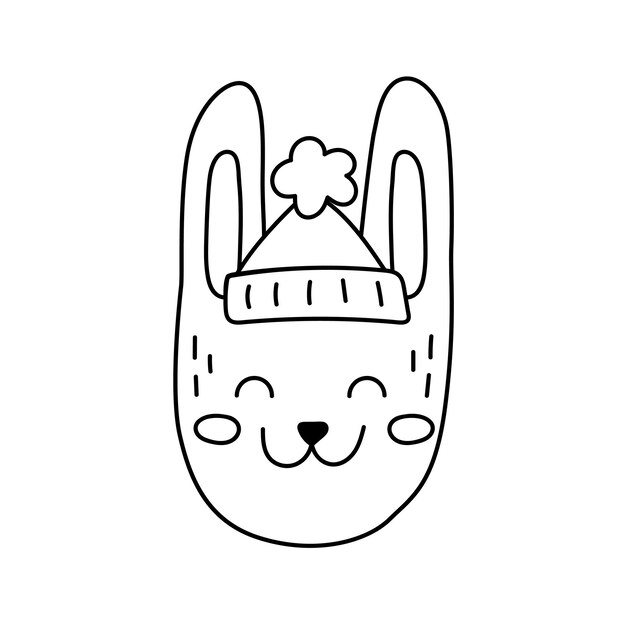 Icono de conejito de contorno vectorial para niños, silueta de garabato de conejo con sombrero para año nuevo