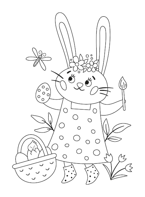 Vector icono de conejito de pascua en blanco y negro vectorial chica de conejo vestida con libélula de cesta de huevos de cepillo aislada sobre fondo blanco animal lindo para niños liebre de primavera de contorno divertido picturexa