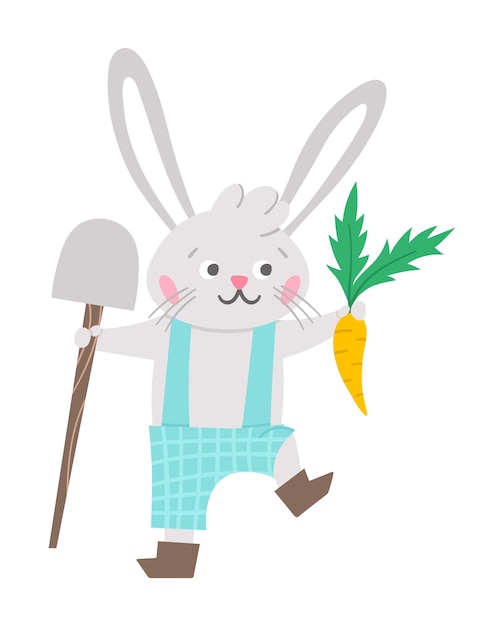 Icono de conejito de Pascua vectorial. Chico conejo con pala y zanahoria aislado sobre fondo blanco. Linda ilustración de jardinero animal para niños. Divertida imagen de liebre de primavera.