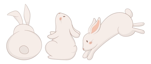 El icono del conejo durmiente y saltador de la vista de fondo Un conejo se muestra por detrás otro está acurrucado durmiendo y el tercero está saltando Una ilustración de animal equilibrada y simple