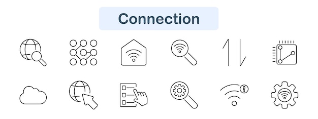 El icono de conexión se establece en el estilo de arte de línea La red de globo Wi-Fi en la nube Haga clic en la pantalla táctil El arte de línea vectorial de engranajes