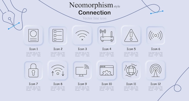 El icono de conexión se establece en el estilo de neomorfismo Lista de verificación de la tarjeta de identificación WiFi fuera del router Alerta de radar Cerradura de señal WiFi Monitoreo de configuraciones web Vector de conexión global Arte de línea