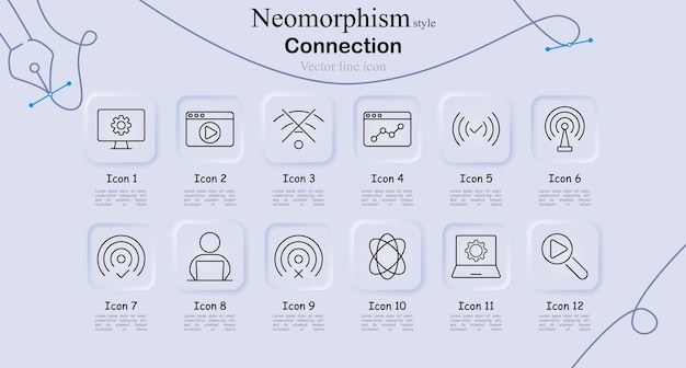 Icono de conexión establecido en estilo de neomorfismo Equipo en monitor reproductor de video gráfico de red señal conectividad de antena tecnología de comunicación de Internet interfaz de arte de línea vectorial digital