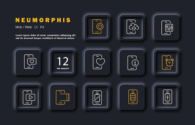 Icono de configuración de aplicaciones telefónicas Botón restablecer configuración de almacenamiento en la nube comunicación redes sociales información alarma ver video carga de batería Concepto de tecnología Estilo de neomorfismo Icono de línea vectorial