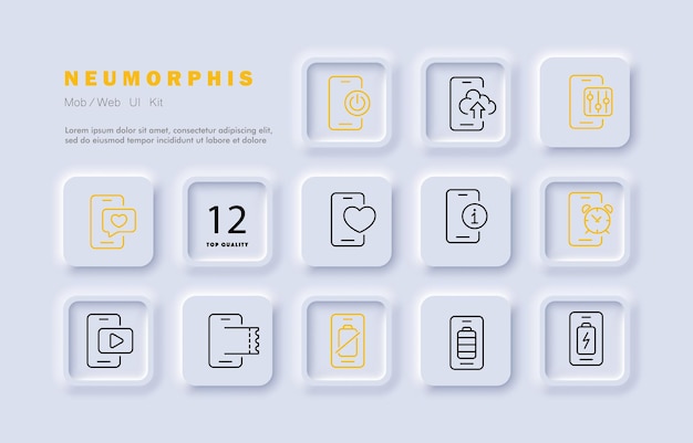 Icono de configuración de aplicaciones telefónicas estado de la batería tiquet de carga reloj video despertador mensaje de comunicación configuración del panel de control del corazón almacenamiento en la nube concepto de tecnología neomorfismo icono de línea vectorial