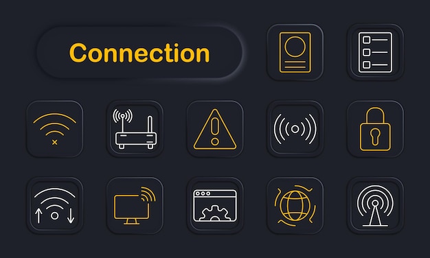 El icono de configuración de conexión, la advertencia de señal del enrutador, el monitor Wi-Fi, la configuración de carga de datos en la nube, la red inalámbrica, la interfaz de seguridad de control en línea.