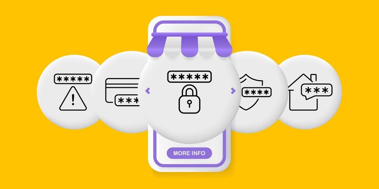 Vector icono de configuración de contraseñas señal de advertencia bloqueo de escudo de tarjeta bancaria de teléfono seguridad de clave gráfica de datos personales código pin palabra clave información privada concepto de privacidad pantallas de aplicaciones de teléfono de interfaz de usuario icono de línea vectorial