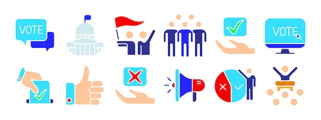 Icono de configuración de elecciones Voto edificio del gobierno demostración votantes votación electrónica votación manual aprobación desaprobación megáfono resultados de votación discurso público Elecciones democracia