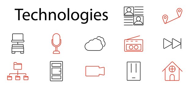 El icono de configuración de tecnologías: almacenamiento en la nube, base de datos, micrófono, radio, GPS, cámara, perfil de usuario, servidor, gestión de datos, transmisión de video, servicios en línea, dispositivos de comunicación.