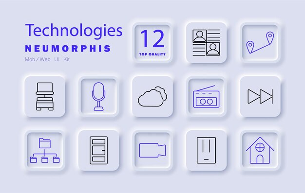 El icono de configuración de tecnologías: almacenamiento en la nube, base de datos, micrófono, radio, GPS, cámara, perfil de usuario, servidor, gestión de datos, transmisión de video, servicios en línea, dispositivos de comunicación.