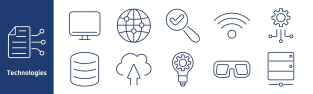 El icono de configuración de tecnologías: monitor de documentos, globo, lupa, wifi, base de datos en la nube, carga de engranajes, gafas, servidor, representación de redes, computación en la nube y soluciones de TI.