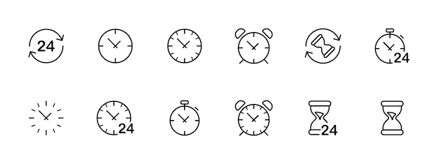 Vector icono de configuración de tiempo 24 horas al día período de alarma reloj de arena temporizador cronómetro tics período de tiempo alrededor del concepto de trabajo del reloj icono de línea vectorial en fondo blanco