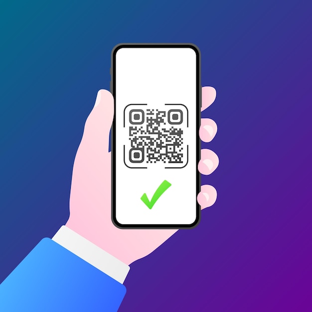 Icono confirmado de Qrcode Pantalla del teléfono en la mano Estilo plano Ilustración vectorial