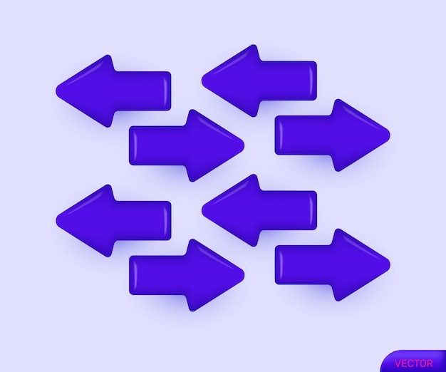 Icono de conjunto 3D flecha realista apuntando a la izquierda color púrpura nuevo diseño conceptual vectorial