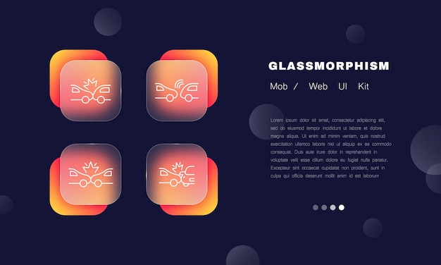 Icono de conjunto de accidentes incendio accidente desglose de humo fallo rotura descenso serpentino señal de carretera concepto de reglas de tráfico estilo glassmorphism icono de línea vectorial para negocios y publicidad