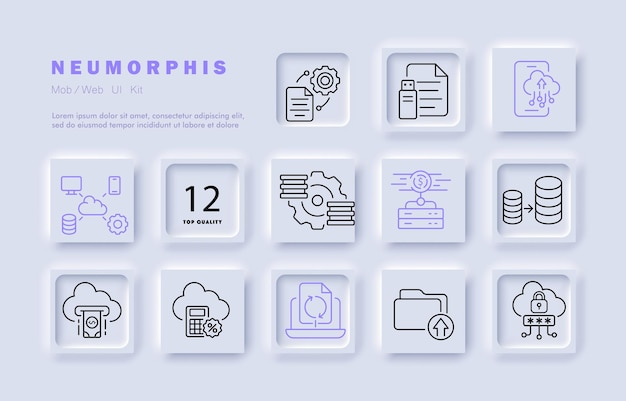 Icono de conjunto de administración de archivos digitales Configuración de almacenamiento en la nube calculadora de finanzas computadora portátil copia de seguridad carpeta base de datos unidad flash contraseña de bloqueo de teléfono Concepto de negocio Neomorfismo Icono de línea vectorial
