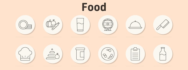 El icono del conjunto de alimentos Platos de verduras botella de leche salchicha sirviendo cúpulas cuchillo chef sombrero comida jarro pirámide especias botella de clipboard