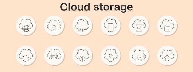 El icono del conjunto de almacenamiento en la nube sube, descarga, sincronización de archivos, intercambio de transferencia de datos, seguridad, acceso móvil, red global, respaldo, gestión de tiempo, gestión de archivos, inalámbrica.