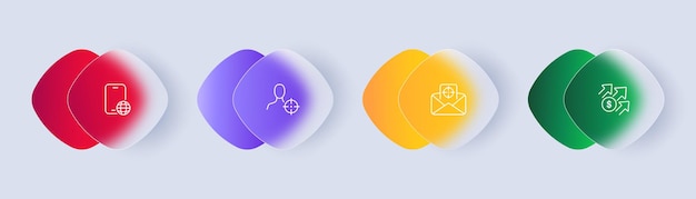 Icono de conjunto de análisis de audiencia Teléfono planeta objetivo de Internet carta de objetivo flechas de correo electrónico objetivo de ingresos en dólares Concepto de negocio Estilo de morfismo de vidrio Icono de línea vectorial para negocios y publicidad