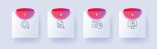 Icono de conjunto de análisis de datos Configuración Búsqueda Base de datos Acceso a archivos Redes Sitio web Diagrama Monitor gráfico circular Concepto infográfico Estilo de morfismo de vidrio Icono de línea vectorial para Negocios y Publicidad