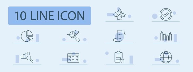 Icono de conjunto de análisis y éxito Grado de aprobación Gráfico de crecimiento Magnificación Gráfico pie Gráfico Bandera Clipboard Horario Calendario Estadísticas Globo Logro de investigación Verificación de rendimiento