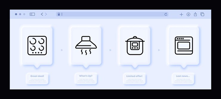 Vector icono de conjunto de aparatos de cocina cocina eléctrica o estufa de gas proyecto de cocina multicooker cacerola horno microondas platos comida neomorfismo sitio web interfaz icono de línea vectorial para negocios y publicidad