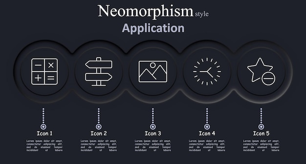 El icono del conjunto de aplicaciones Calculador, señal, foto, reloj, estrella, aplicación, tecnología móvil, software de interfaz, diseño digital, ilustración vectorial, iconos de neomorfismo.