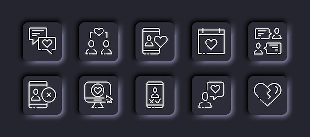 Icono de conjunto de aplicaciones de citas corazón sentimientos de amor mensajes de texto pareja fecha mensaje de teléfono sitio web computadora cruzada aprobar rechazar marcar roto concepto de relaciones estilo de neomorfismo icono de línea vectorial