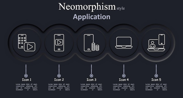 El icono del conjunto de aplicaciones Remote video dinero laptop reunión tecnología móvil interfaz de software dispositivo internet multimedia digital en línea aplicación de ilustración vectorial neomorfismo