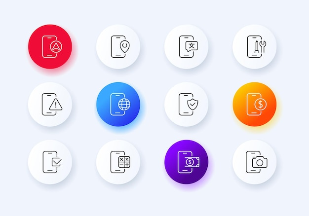 Icono de conjunto de aplicaciones de teléfono Geolocalización ubicación pin traductor configuración advertencia sistema de seguridad planeta internet escudo marca de verificación calculadora bancaria dólar cámara Concepto de tecnología Neomorfismo