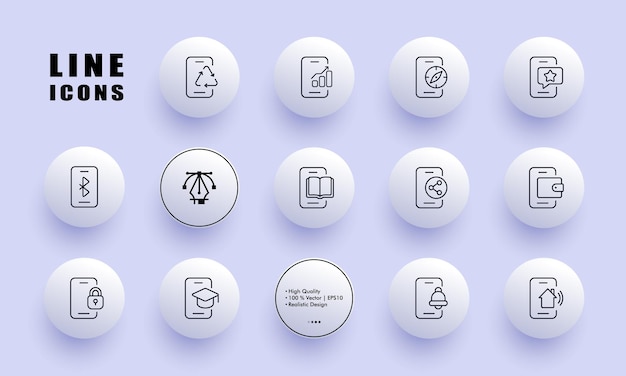 Icono de conjunto de aplicaciones de teléfono Red móvil brújula redes sociales bluetooth libro digital billetera banca sistema de seguridad educación campana casa inteligente Concepto de tecnología Neomorfismo Icono de línea vectorial