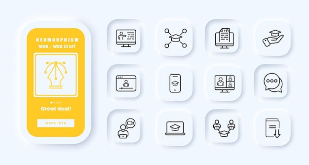 Icono de conjunto de aprendizaje en línea e libro tapa académica distancia estudiante teléfono computadora internet auriculares computadora portátil en todo el mundo libro de texto hogar educación concepto neomorfismo ui teléfono aplicación pantalla vector