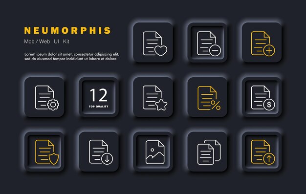 Icono de conjunto de archivos Borrar enviar bloquear leer buscar archivos Fotos y finanzas en archivos Configuración descarga carga estilo Neomorfismo Icono de línea vectorial