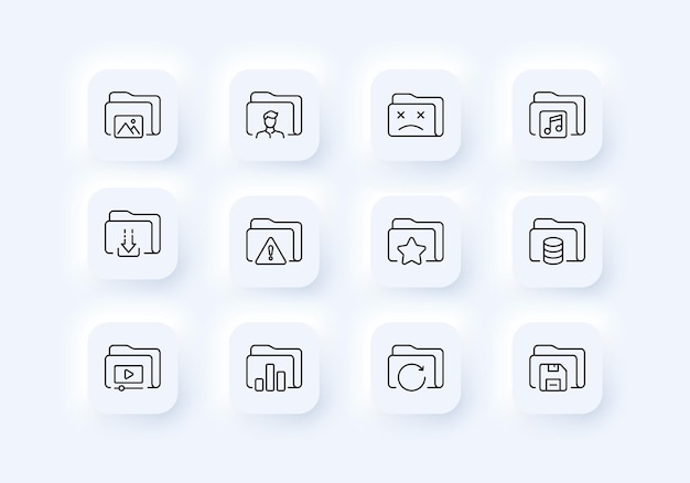 Icono de conjunto de archivos Cargar y cargar información galería imágenes carpetas búsqueda de datos menos nueva comunicación Concepto de conjunto de datos Estilo de neomorfismo Icono de línea vectorial para negocios