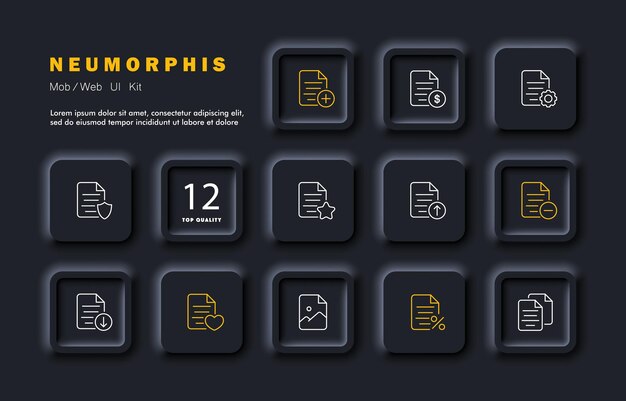 Ícono de conjunto de archivos crear eliminar configurar proteger favoritos descargar información pagada me gusta la imagen concepto en línea estilo de neomorfismo ícono de línea vectorial para negocios y publicidad