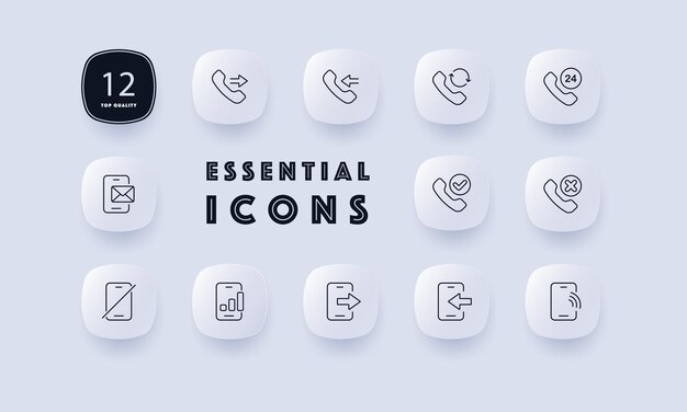 Ícono del conjunto de auriculares Llamada entrante saliente recibida rechazada Teléfono con cable Servicio de asistencia Modo silencioso Concepto de línea directa Neomorfismo Icono de línea vectorial para Negocios y Publicidad