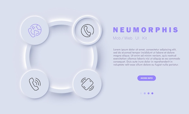 Ícono del conjunto de auriculares Llamadas en todo el mundo Teléfono alámbrico e inalámbrico Navegación de ubicación nfs GPS Contáctenos concepto Estilo de neomorfismo Icono de línea vectorial para Negocios y Publicidad