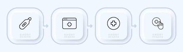 Icono de conjunto de ayuda médica en línea doctor temperatura enfermedad termómetro sitio tratar mano concepto de atención médica estilo de neomorfismo icono de línea vectorial para negocios y publicidad