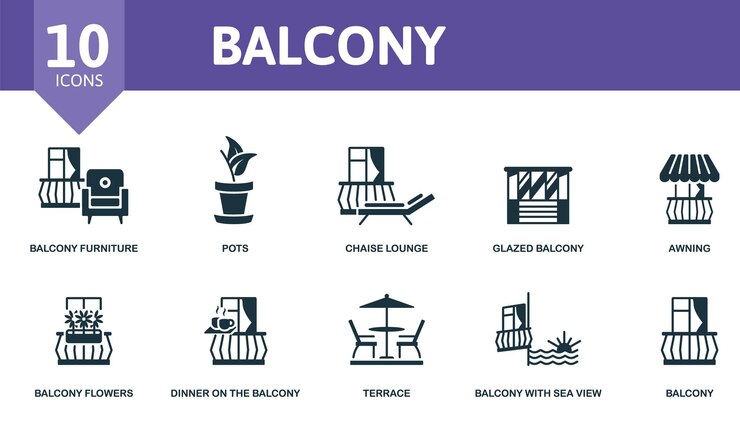 Icono del conjunto de balcón Contiene ilustraciones de balcón como ollas, balcón, flores de balcón y más