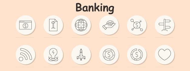 El icono del conjunto bancario documento de finanzas web globo mano con dinero dirección de la red financiera RSS idea cohete moneda gráfico circular corazón