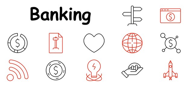 Icono de conjunto bancario Documento de moneda corazón globo conexión señal ideas presentación mano con gráfico cohete