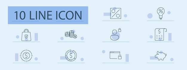Icono del conjunto bancario y financiero Monedas porcentaje idea recibo ciclo objetivo análisis de transacciones ahorro seguridad