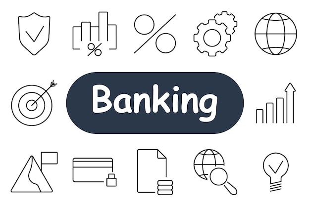 Ícono de conjunto bancario Gráfico de escudo porcentaje de engranajes Globo de destino Documento de tarjeta de crédito Los íconos representan análisis de seguridad bancaria y finanzas globales